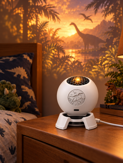 Prehistoric Glow dinosaur projector on a nightstand, jungle scene glowing on the wall
